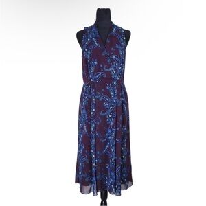Cabi Treasure Eggplant Purple and Navy Blue Paisley Dress with Pockets Pleats
